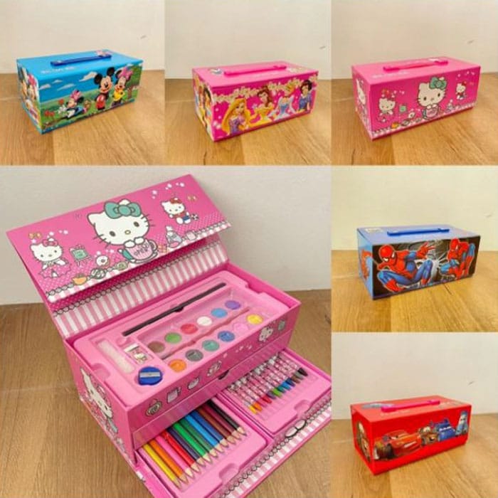 Multi Colour 54 Pieces Kids Art Artist Set In A Box With Drawers Pens Pencils Crayons Paints Providing