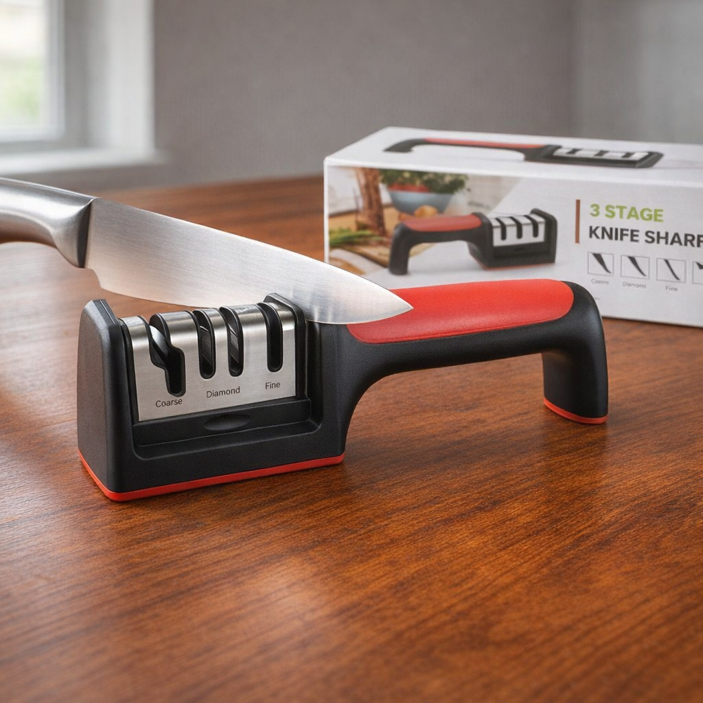 Professional 3-Stage Kitchen Knife Sharpener | Manual Sharpening Tool for Steel & Ceramic Knives