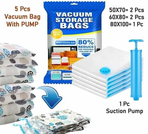 Vacuum Storage Bags Set (5 Bags + 1 Hand Pump) – Reusable Space Saver Compression Bags for Clothes, Bedding & Travel