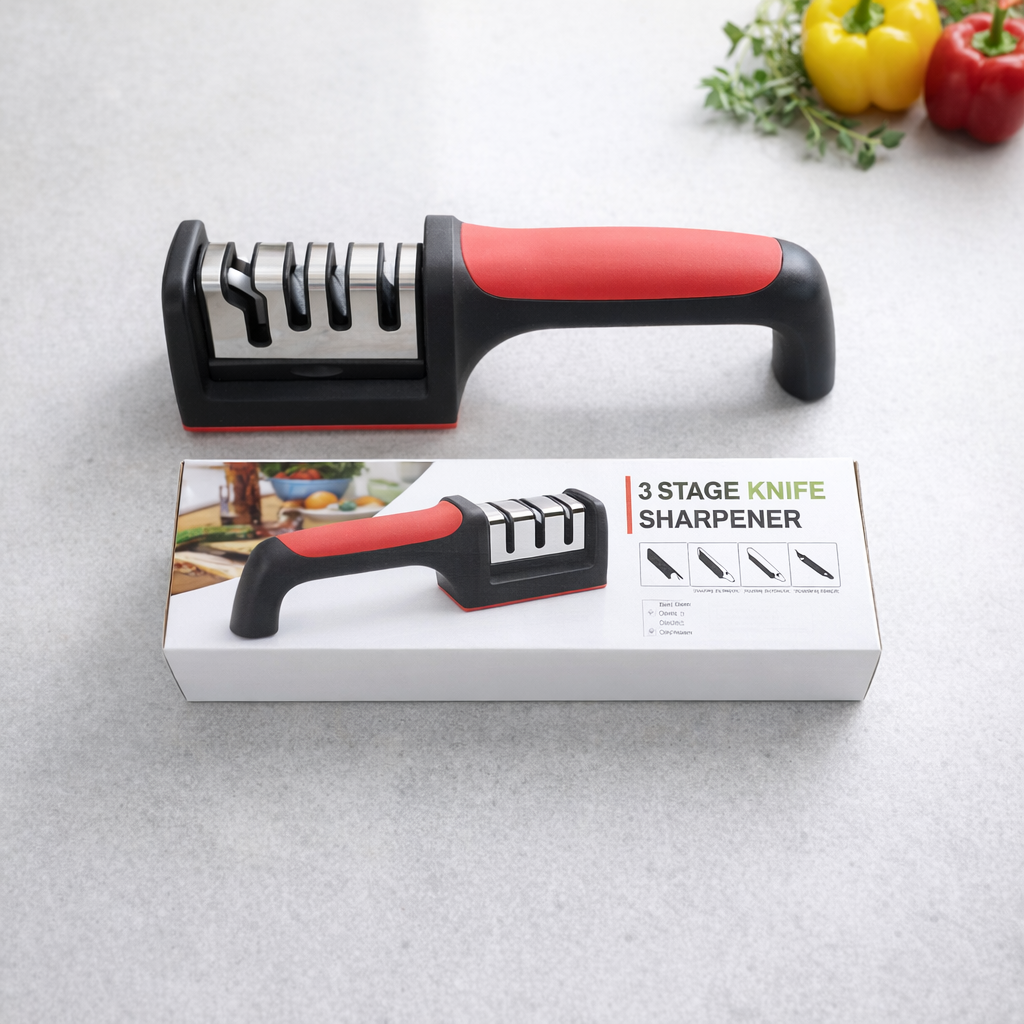 Professional 3-Stage Kitchen Knife Sharpener | Manual Sharpening Tool for Steel & Ceramic Knives