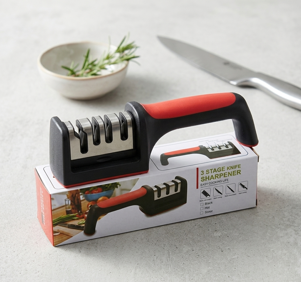 Professional 3-Stage Kitchen Knife Sharpener | Manual Sharpening Tool for Steel & Ceramic Knives