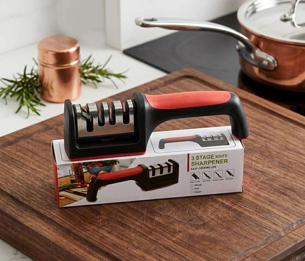 Professional 3-Stage Kitchen Knife Sharpener | Manual Sharpening Tool for Steel & Ceramic Knives